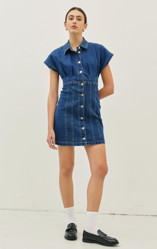 Washed Denim Mini Dress with Pleated Waist