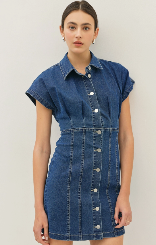 Washed Denim Mini Dress with Pleated Waist