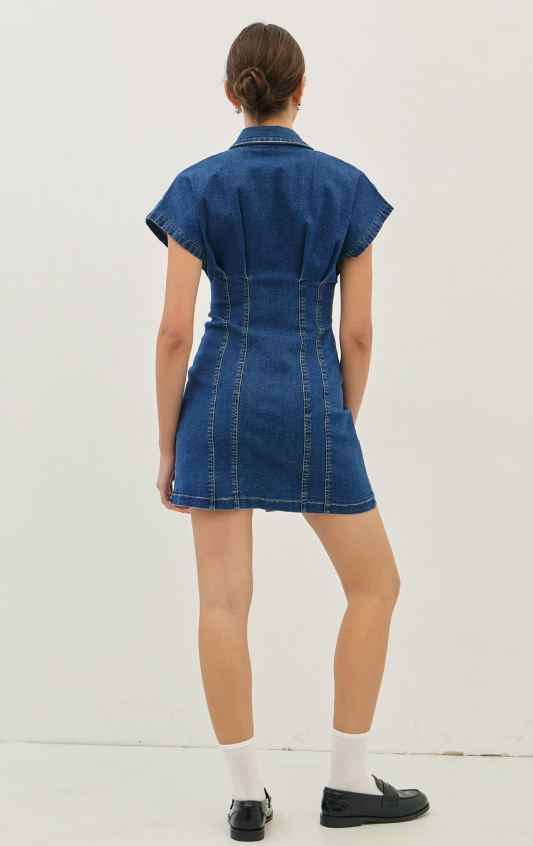 Washed Denim Mini Dress with Pleated Waist