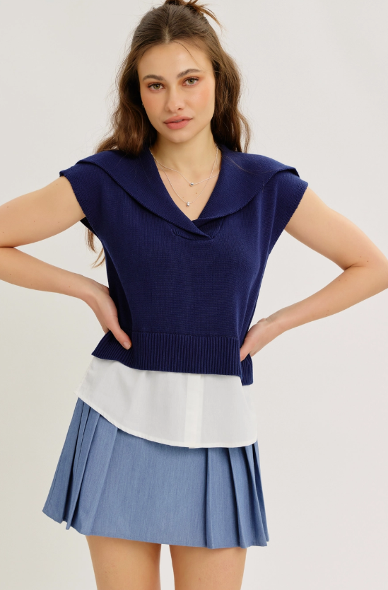Sailor Neck Drop Shoulder Sweater Twofer Top