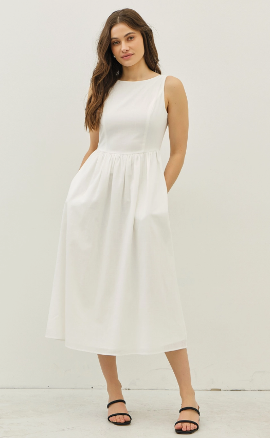 Romantic Cotton Midi Dress with Back Bow Tie