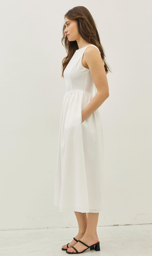 Romantic Cotton Midi Dress with Back Bow Tie