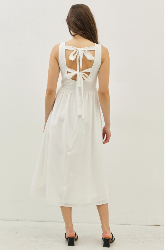 Romantic Cotton Midi Dress with Back Bow Tie