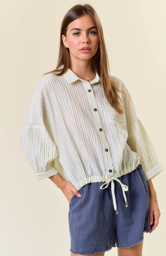 Striped Batwing Short Sleeve Button Down Blouse