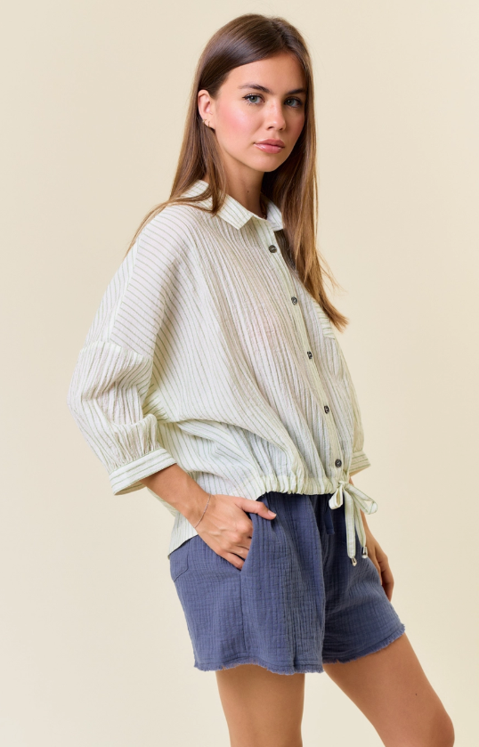 Striped Batwing Short Sleeve Button Down Blouse