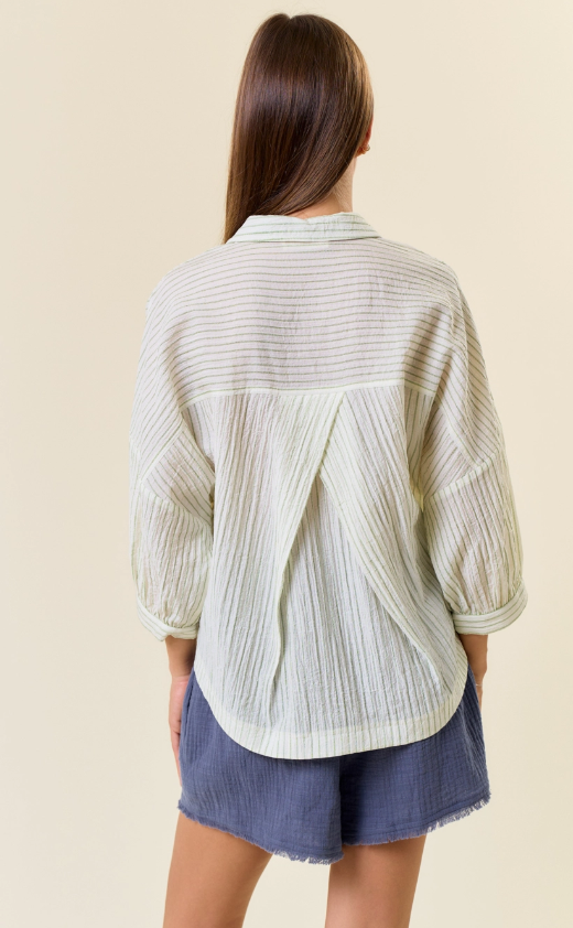 Striped Batwing Short Sleeve Button Down Blouse