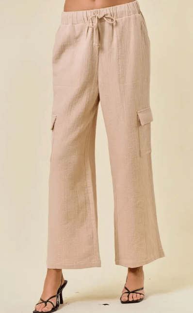 Embroidered Cotton Gauze Elastic Cargo Pants