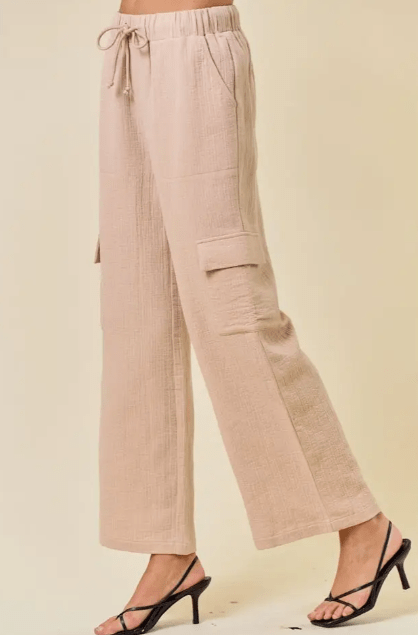 Embroidered Cotton Gauze Elastic Cargo Pants