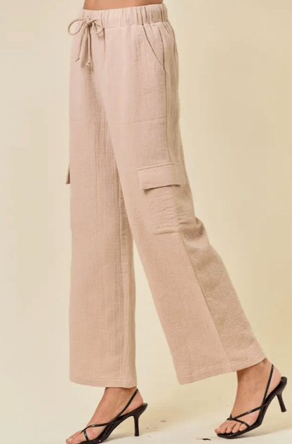 Embroidered Cotton Gauze Elastic Cargo Pants