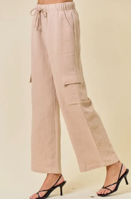 Embroidered Cotton Gauze Elastic Cargo Pants