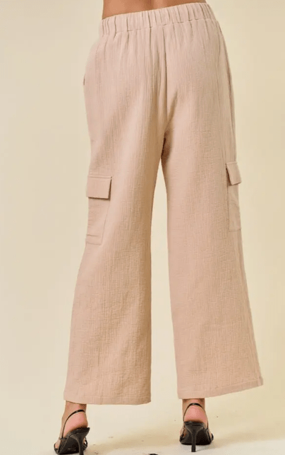 Embroidered Cotton Gauze Elastic Cargo Pants