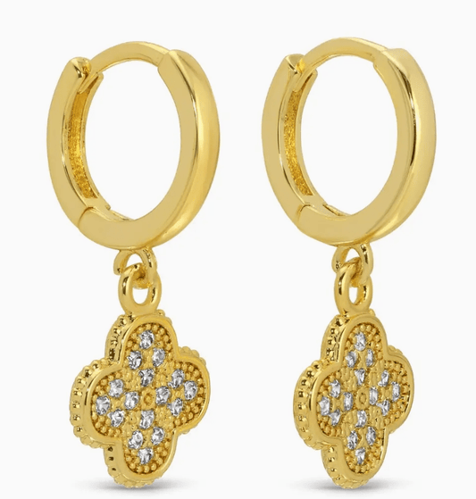 Small Huggies with Pave Quatrefoil Earrings