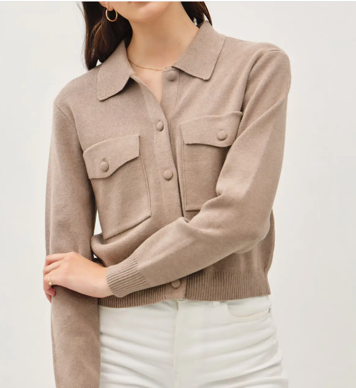 Cropped Sweater Button Up Jacket With Front Chest Pockets