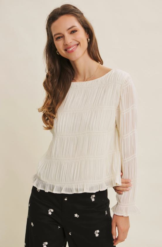 Smocked Detail Long Sleeve Blouse Top with Boat Neck