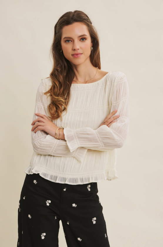 Smocked Detail Long Sleeve Blouse Top with Boat Neck