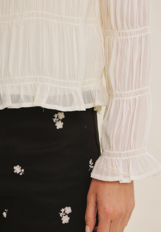 Smocked Detail Long Sleeve Blouse Top with Boat Neck