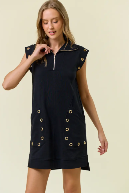 Grommet Detail Half Zip Sweatshirt Dress - Black