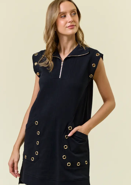 Grommet Detail Half Zip Sweatshirt Dress - Black
