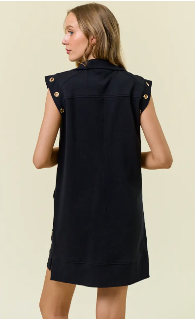 Grommet Detail Half Zip Sweatshirt Dress - Black