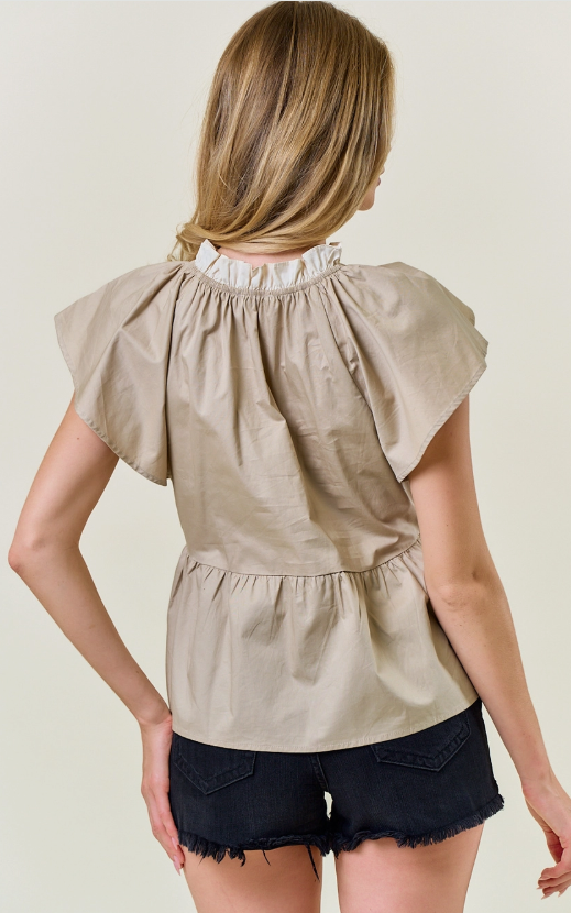 Flutter Short Sleeve Bow Tie Front Peplum Top
