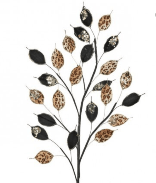 Decorative branch spray with black, leopard-print, and gold glitter oval leaves