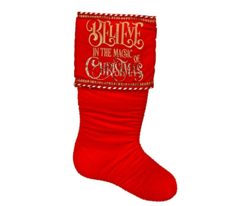 Large red velvet Christmas stocking with gold 'Believe in the Magic of Christmas' embroidery and decorative trim