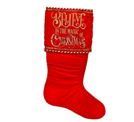 Large red velvet Christmas stocking with gold 'Believe in the Magic of Christmas' embroidery and decorative trim