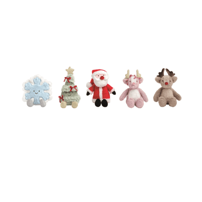 Set of five mini Christmas plush toys including snowflake, tree, Santa, and two reindeer figures