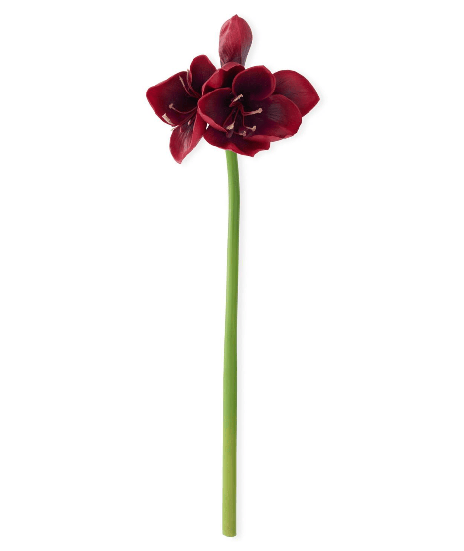Single artificial amaryllis stem with deep red blooms and one unopened bud on green stem