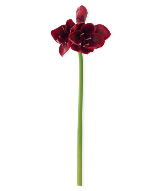 Single artificial amaryllis stem with deep red blooms and one unopened bud on green stem