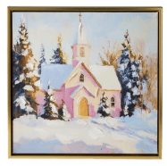 Framed painting of a pink chapel surrounded by snow-covered pine trees in winter