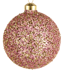 Pink and gold glitter glass ball Christmas ornament with beaded texture, 4 inch