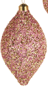 Pink and gold glittered teardrop Christmas ornament with beaded texture and gold cap