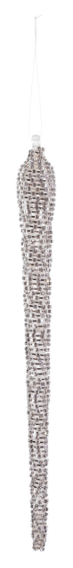 Long silver rhinestone icicle Christmas ornament with woven metallic texture and hanging cord