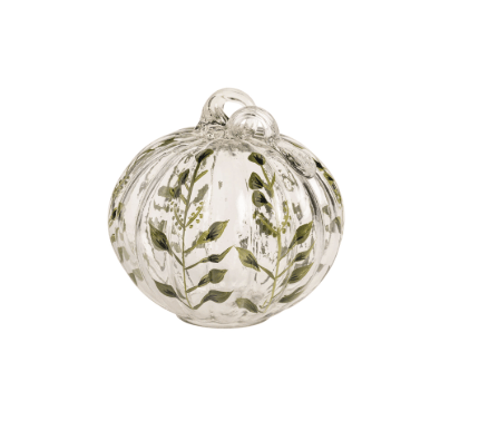 Small clear glass pumpkin sitter with hand-painted green vines and floral details
