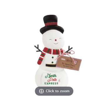 Mudpie snowman tin with black top hat, red scarf, and North Pole Express label