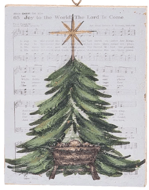 Hand-painted green Christmas tree with star topper and manger base on sheet music background