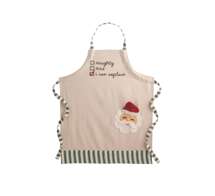 Cream canvas Christmas apron with Santa appliqué pocket and green striped ticking trim