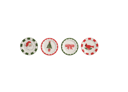 Four round ceramic holiday tidbit plates with Santa, tree, bow, and cardinal designs