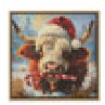 Framed pixel art bull wearing Santa hat with holiday bells, 14.75 inches tall