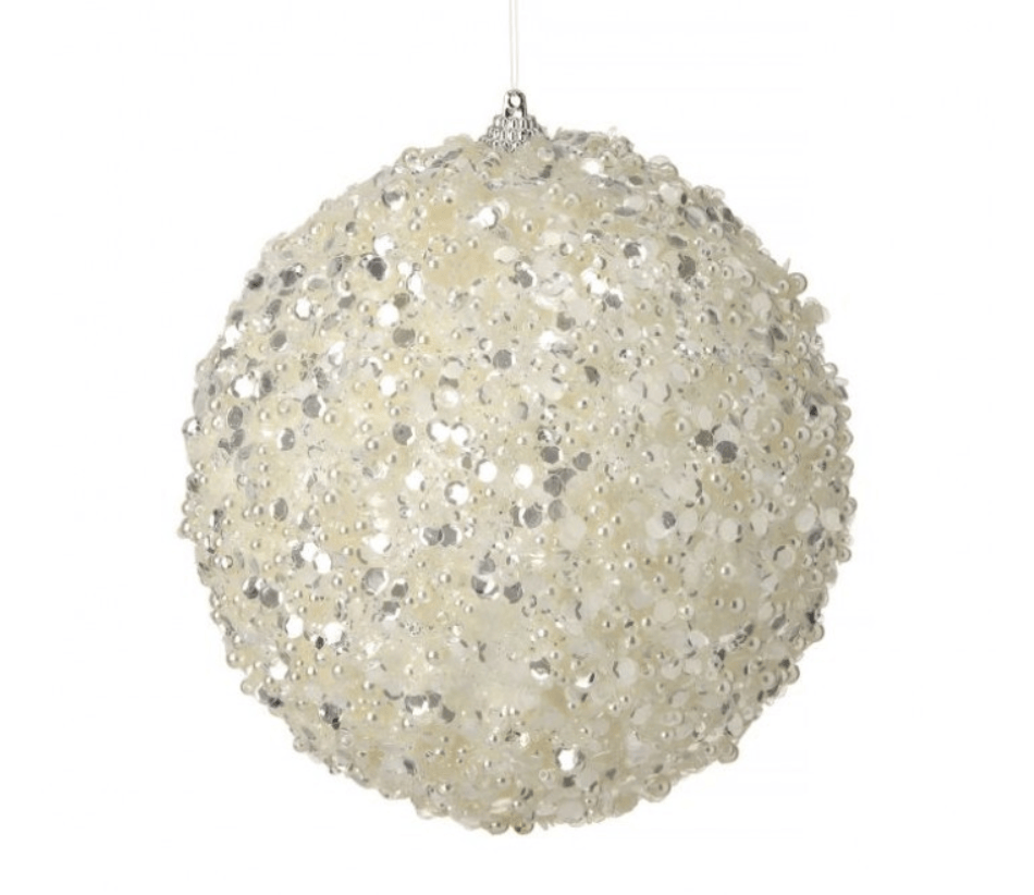 White sequin and pearl beaded ball Christmas ornament with silver metallic accents