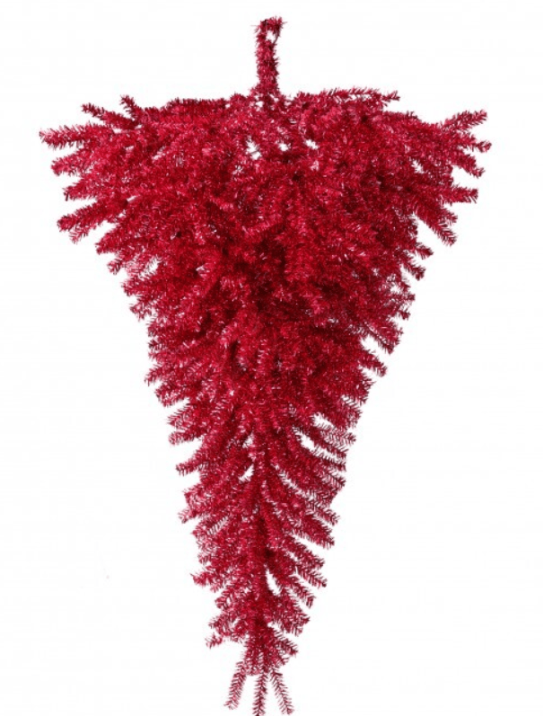 Red upside down 48-inch tinsel Christmas tree with inverted cone silhouette