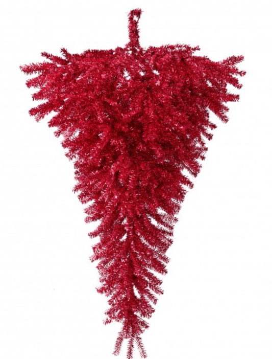 Red upside down 48-inch tinsel Christmas tree with inverted cone silhouette