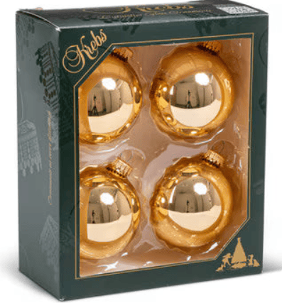 Set of four shiny gold glass Christmas ball ornaments with gold metal caps in green box