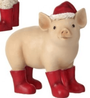 Resin pig figurine wearing red Santa hat and red rain boots