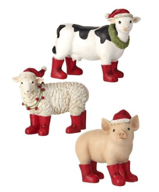 Resin Christmas barnyard figurines cow sheep pig red boots Santa hats holiday decor