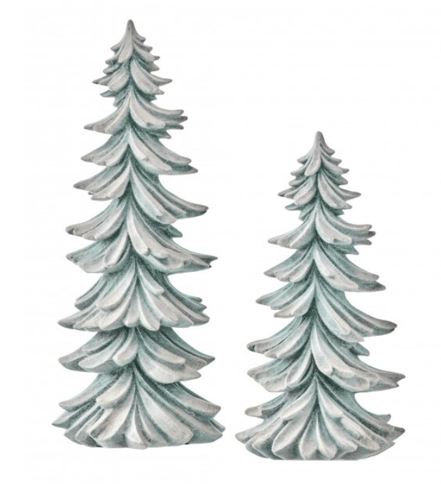 Set of two resin flocked layered Christmas trees in sage green and white, 12 and 16 inch
