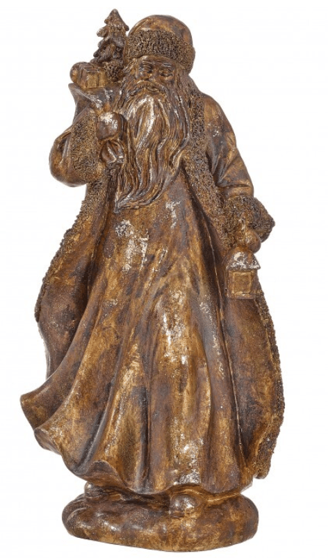 Bronze-gold resin Santa Claus figurine holding tree and lantern, 12 inches tall