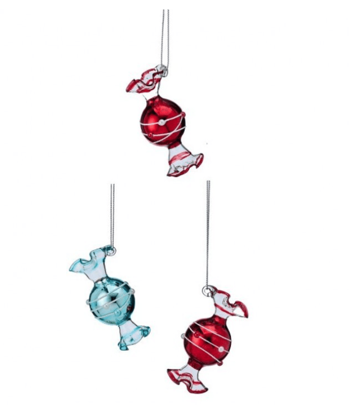 Glass candy-shaped Christmas ornaments in red and teal with white stripe details