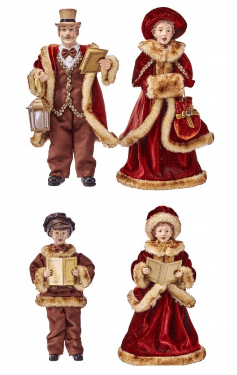 Victorian velvet caroler figurines in red and brown with faux fur trim, set of 4